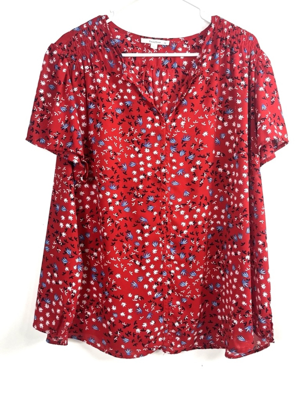 Women's Fun2Fun Round Split Neck Red White Blue Floral Short Causal Sleeve Sz 2x